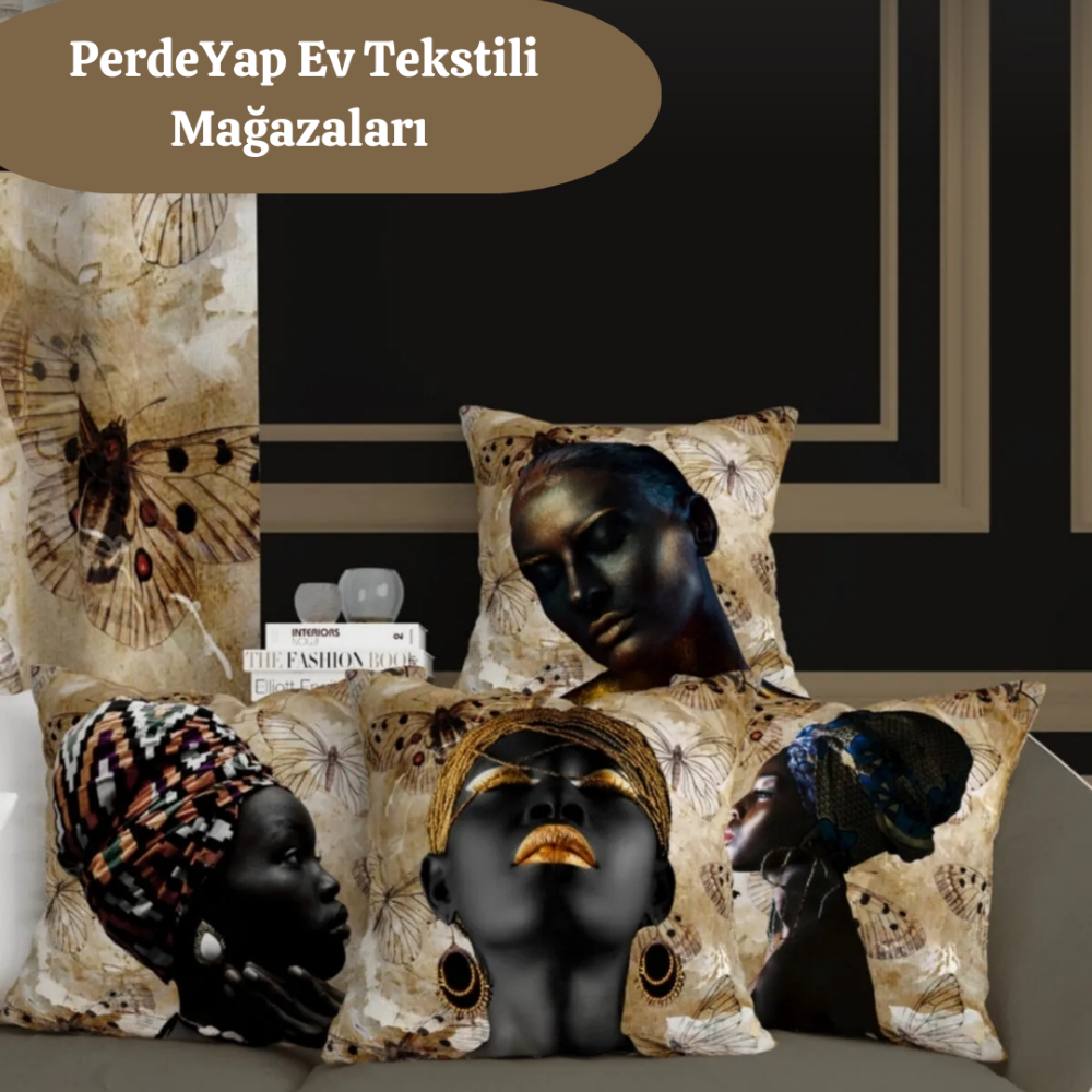 Afrikalı Kadın Model ve Kelebekler Desenli 4lü Dijital Baskılı Kırlent Yastık Kılıfı 43x43 Cm 006