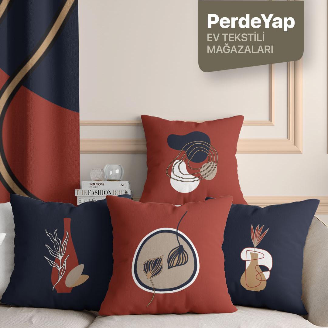 Lacivert Kiremit Sürrealist Çiçekler Desenli 4lü Dijital Baskılı Kırlent Yastık Kılıfı 43x43 Cm 004