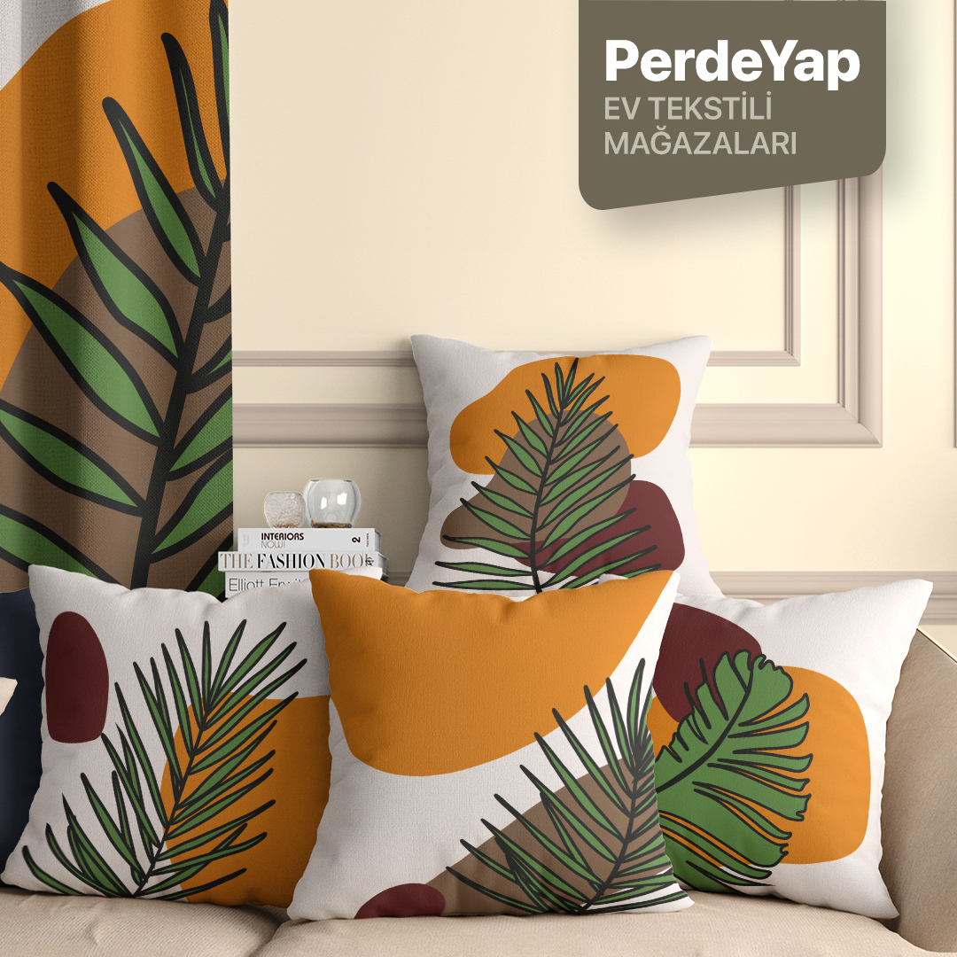 Özel Tasarım Bal Rengi Palmiye Desenli 4lü Dijital Baskılı Kırlent Yastık Kılıfı 43x43 Cm 019