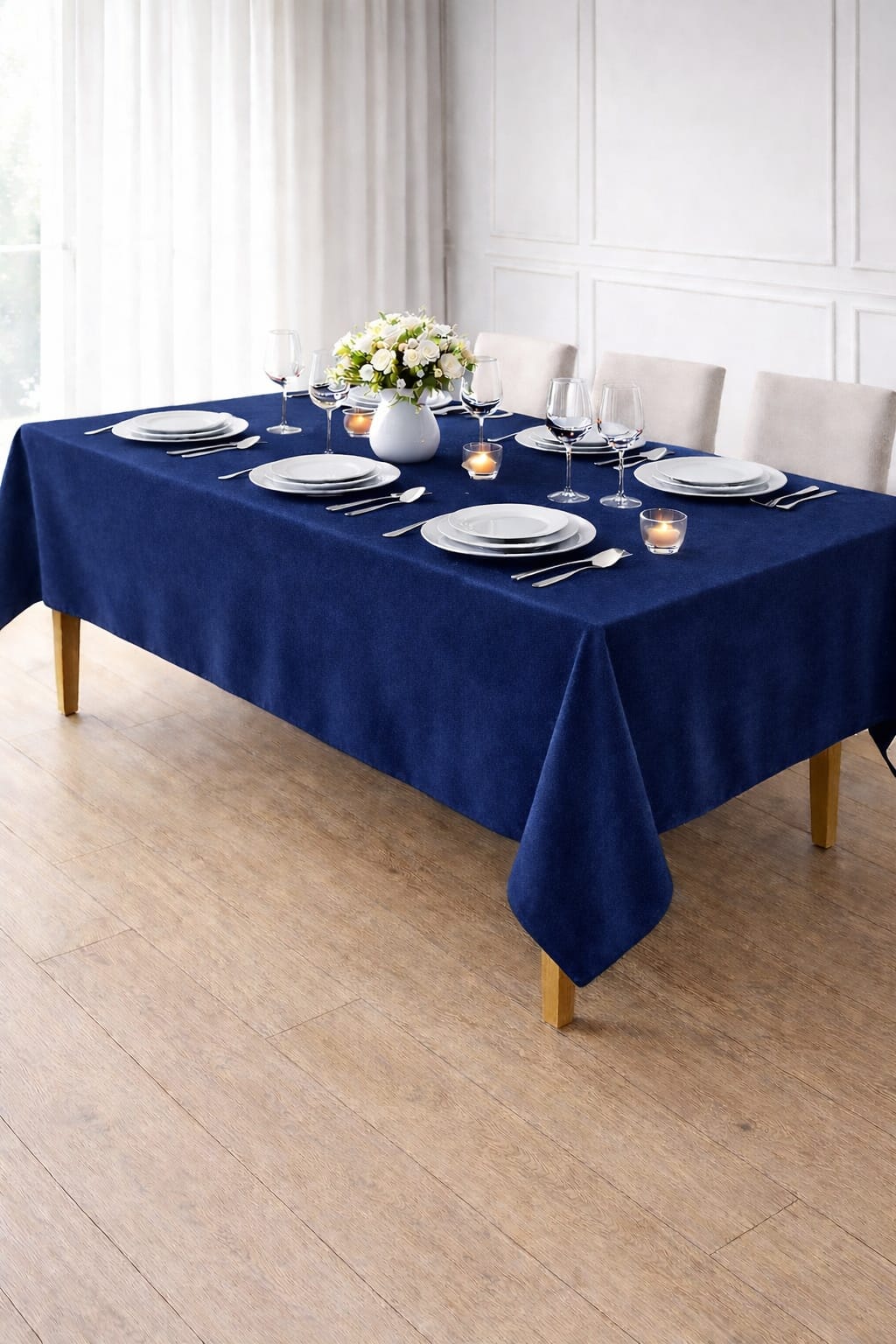 PerdeYap Kadife Dokulu Parlement Mavisi Renk Masa Örtüsü