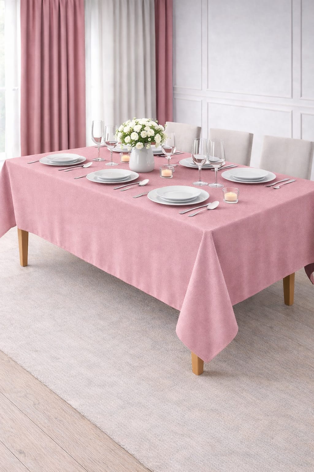 PerdeYap Kadife Dokulu Açık Gülkurusu Renk Masa Örtüsü