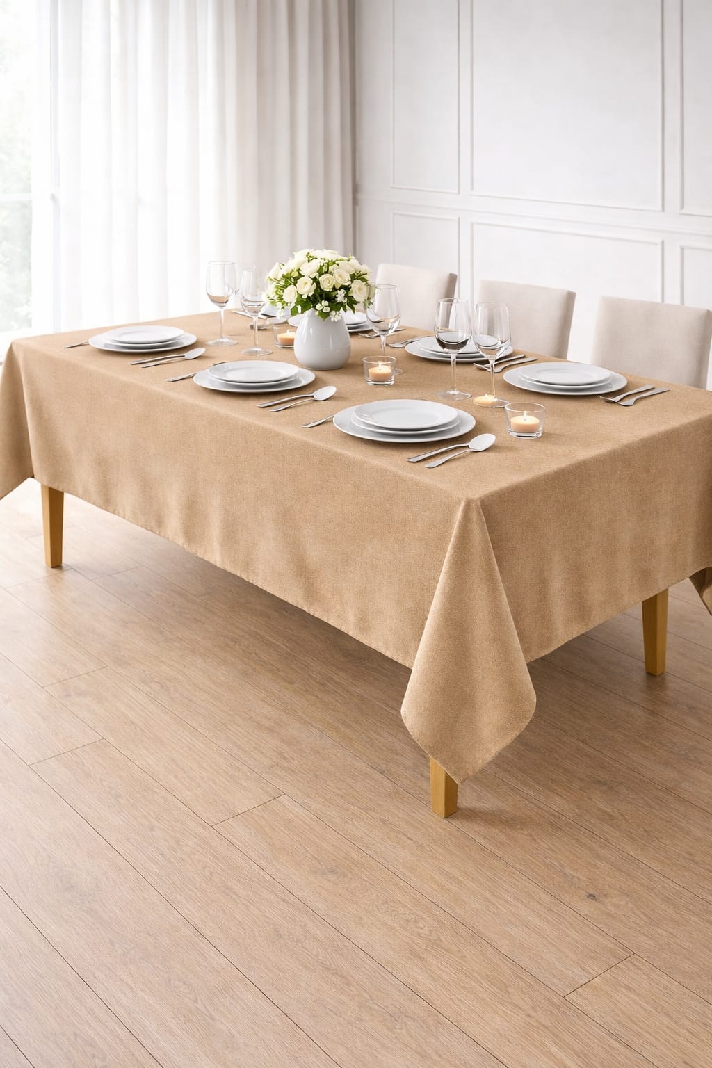 PerdeYap Kadife Dokulu Bej Renk Masa Örtüsü
