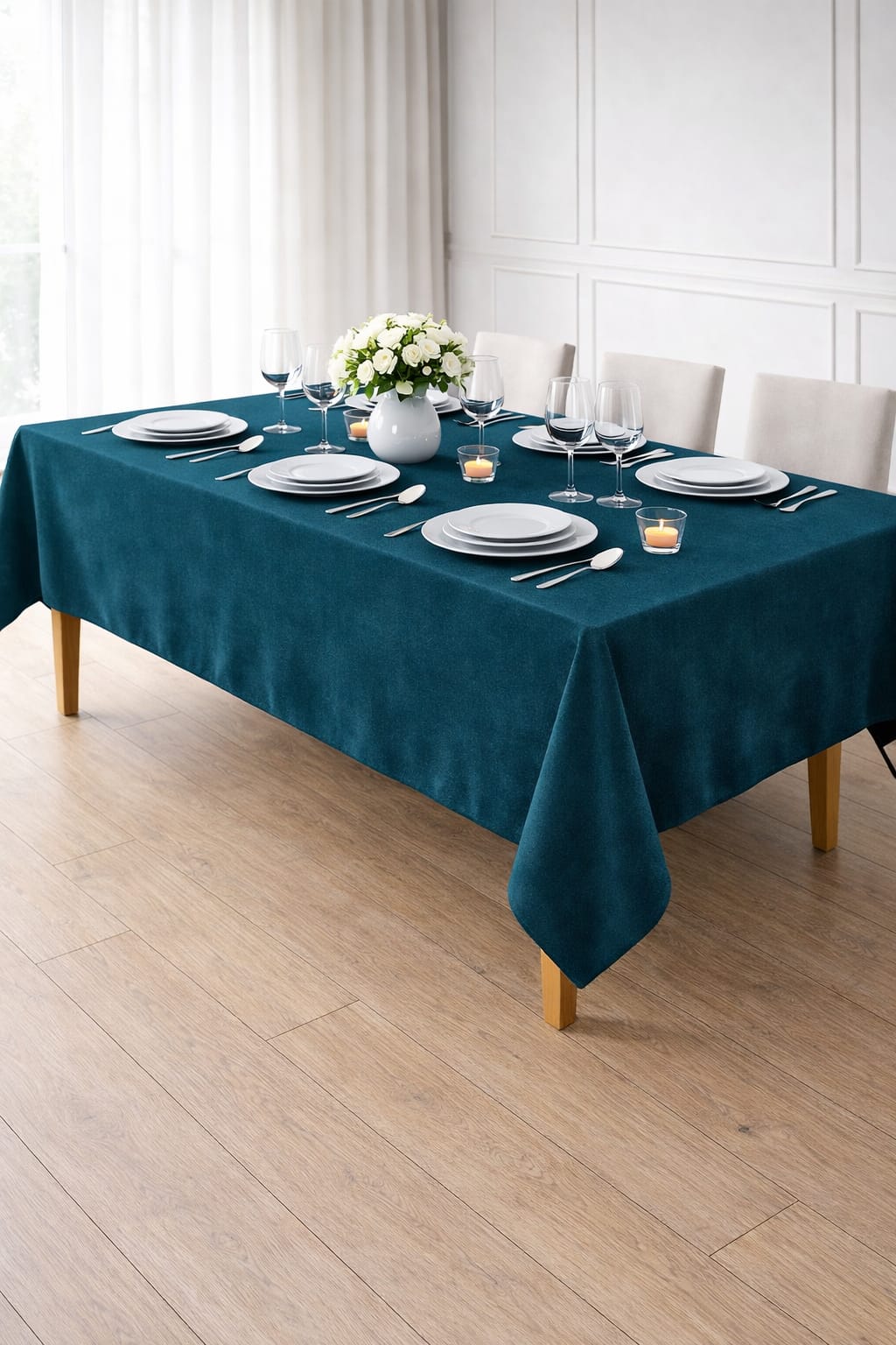 PerdeYap Kadife Dokulu Koyu Petrol Renk Masa Örtüsü