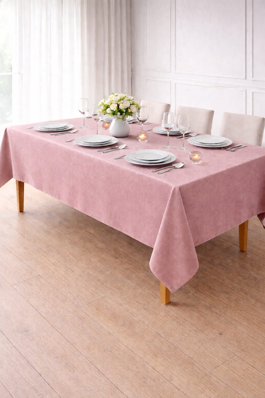 PerdeYap Kadife Dokulu Pudra Renk Masa Örtüsü