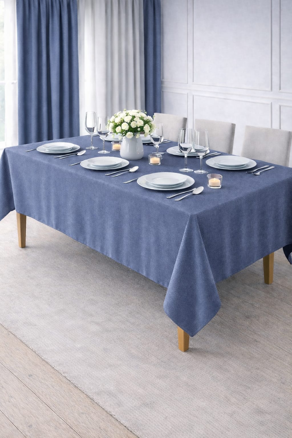 PerdeYap Kadife Dokulu Açık İndigo Renk Masa Örtüsü