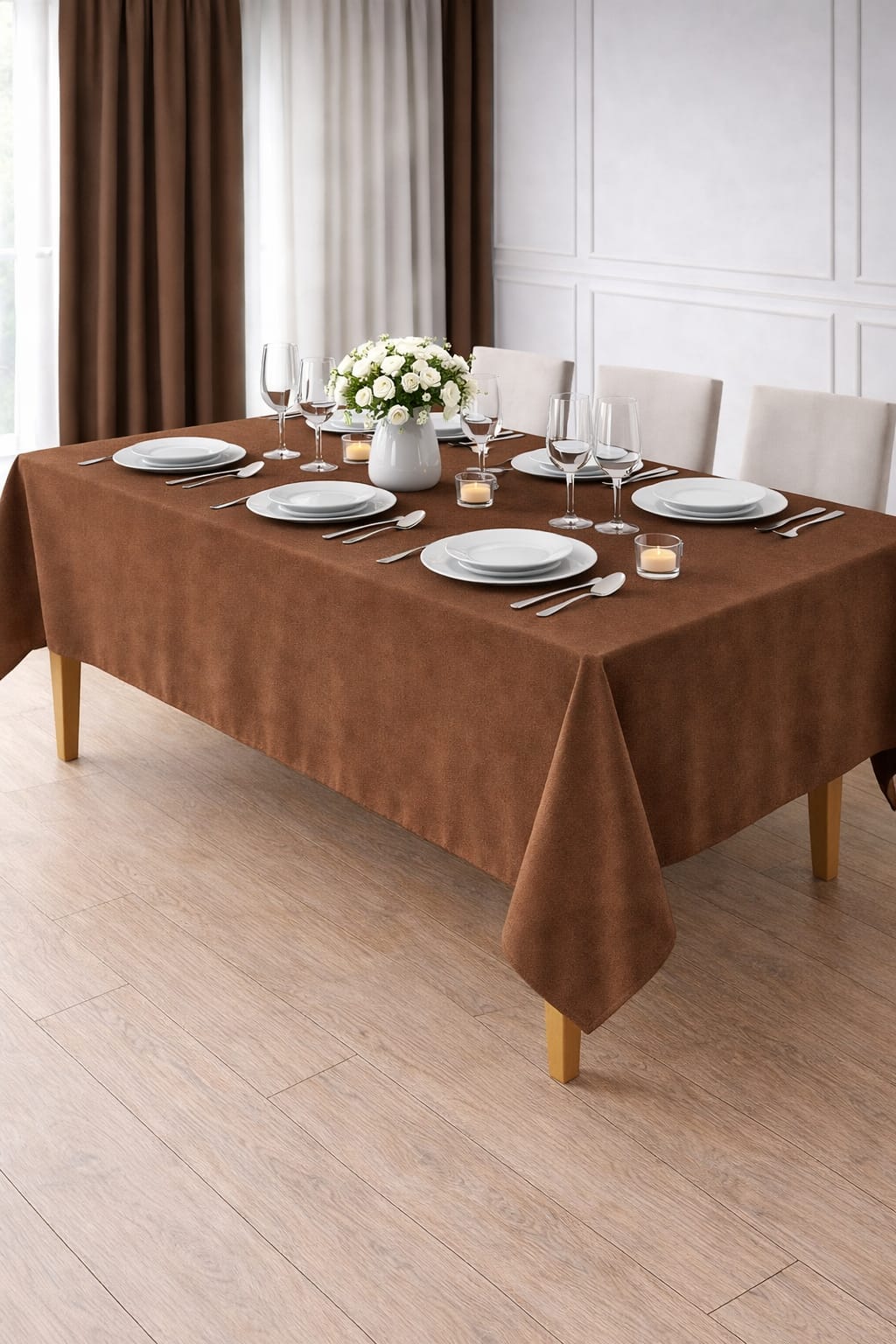 PerdeYap Kadife Dokulu Açık Kahverengi Masa Örtüsü