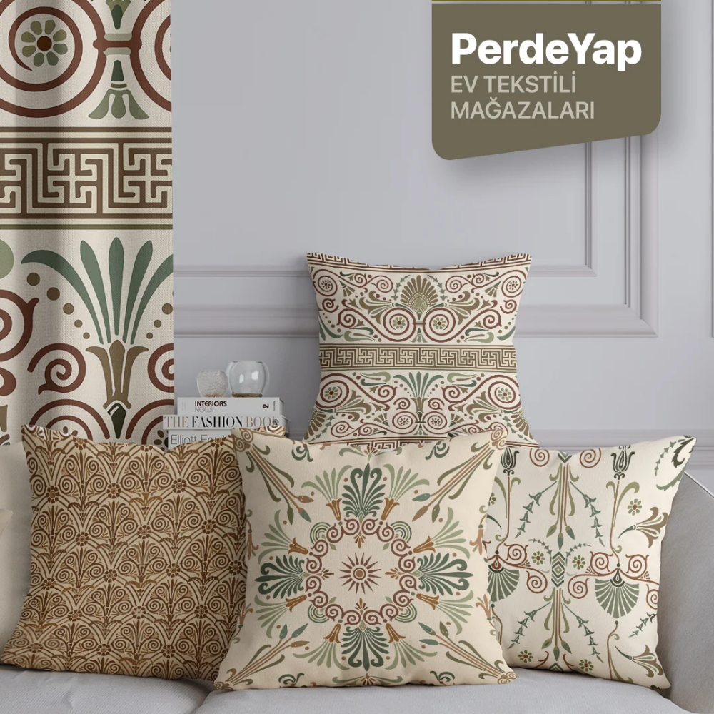 Modern İşlemeli Motifler Desenli 4lü Dijital Baskılı Kırlent Yastık Kılıfı Yeşil-Krem 43x43 Cm 031