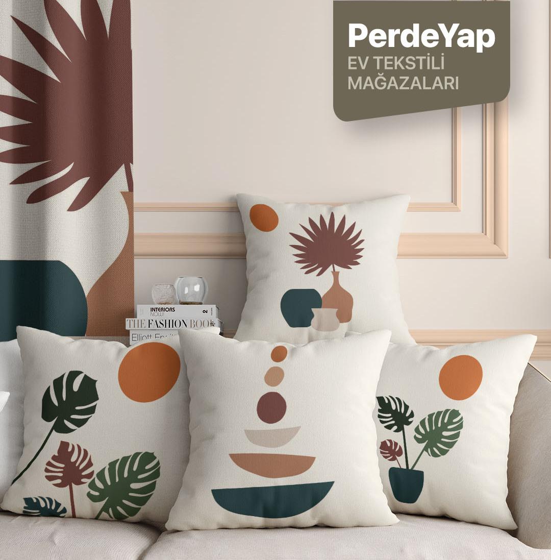 Renkli Tropikal Vazo ve Yaprak Desenli 4'lü Dijital Baskılı Kırlent Kılıfı 43 x 43 Cm Bej 068