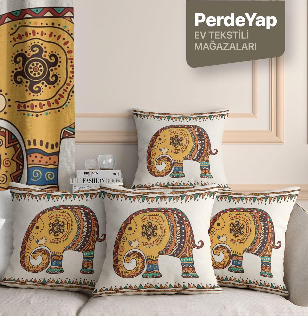 Krem Zemin Üzerine Etnik Hint İşlemeli Fil Desenli 4lü Dijital Baskılı Kırlent Yastık Kılıfı 43x43 Cm 060