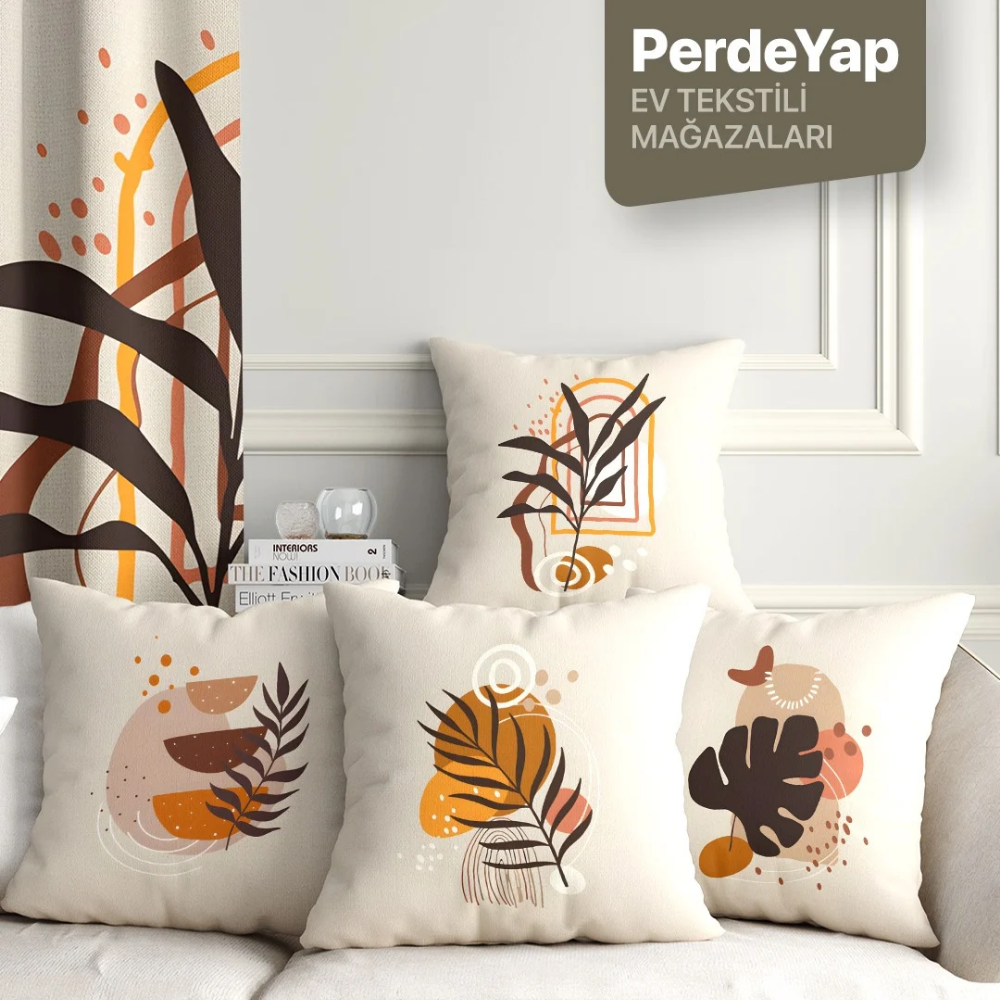 Bohem Duvar Tabloları Yapraklar Desenli 4lü Dijital Baskılı Kırlent Kılıfı 43 x 43 Cm Krem 044