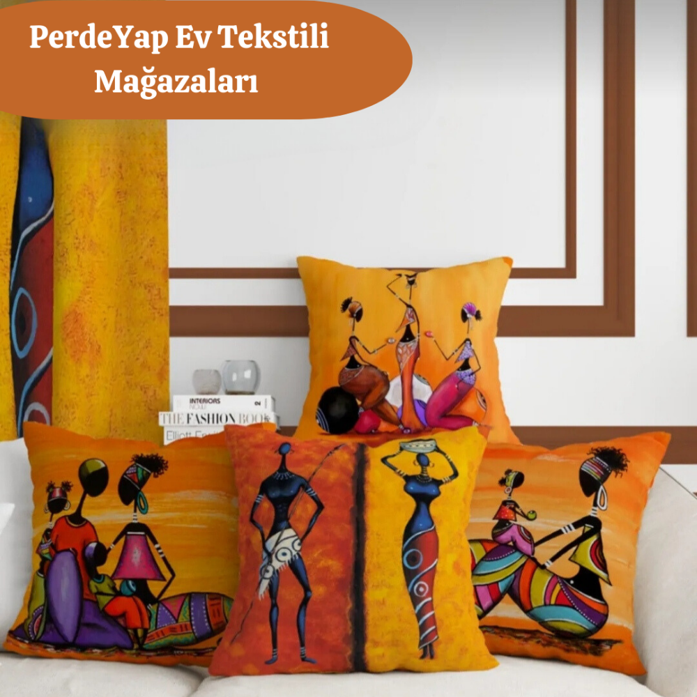 Afrika Etnik Figürlü Modern Tasarım Desenli 4lü Dijital Baskılı Kırlent Kılıfı 43 x 43 Cm 014