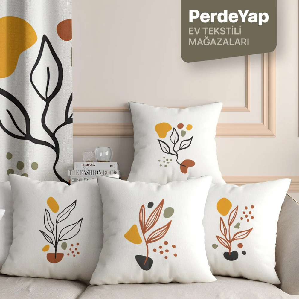 Krem Zemin Üzerine Sürrealist Yapraklar Desenli 4lü Dijital Baskılı Kırlent Kılıfı 43 x 43 Cm 048