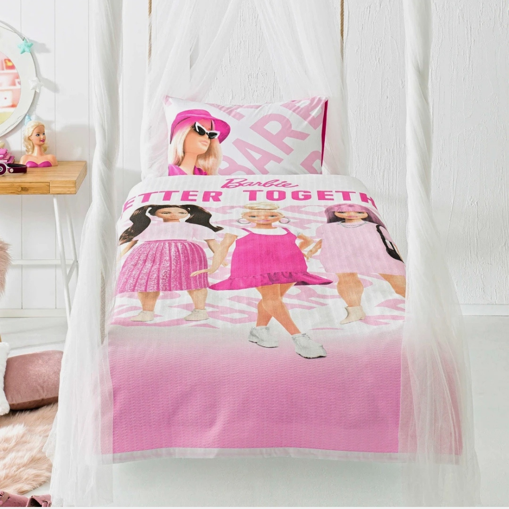 Taç Lisanslı Barbie Better Tek Kişilik Pamuk Pike Takımı
