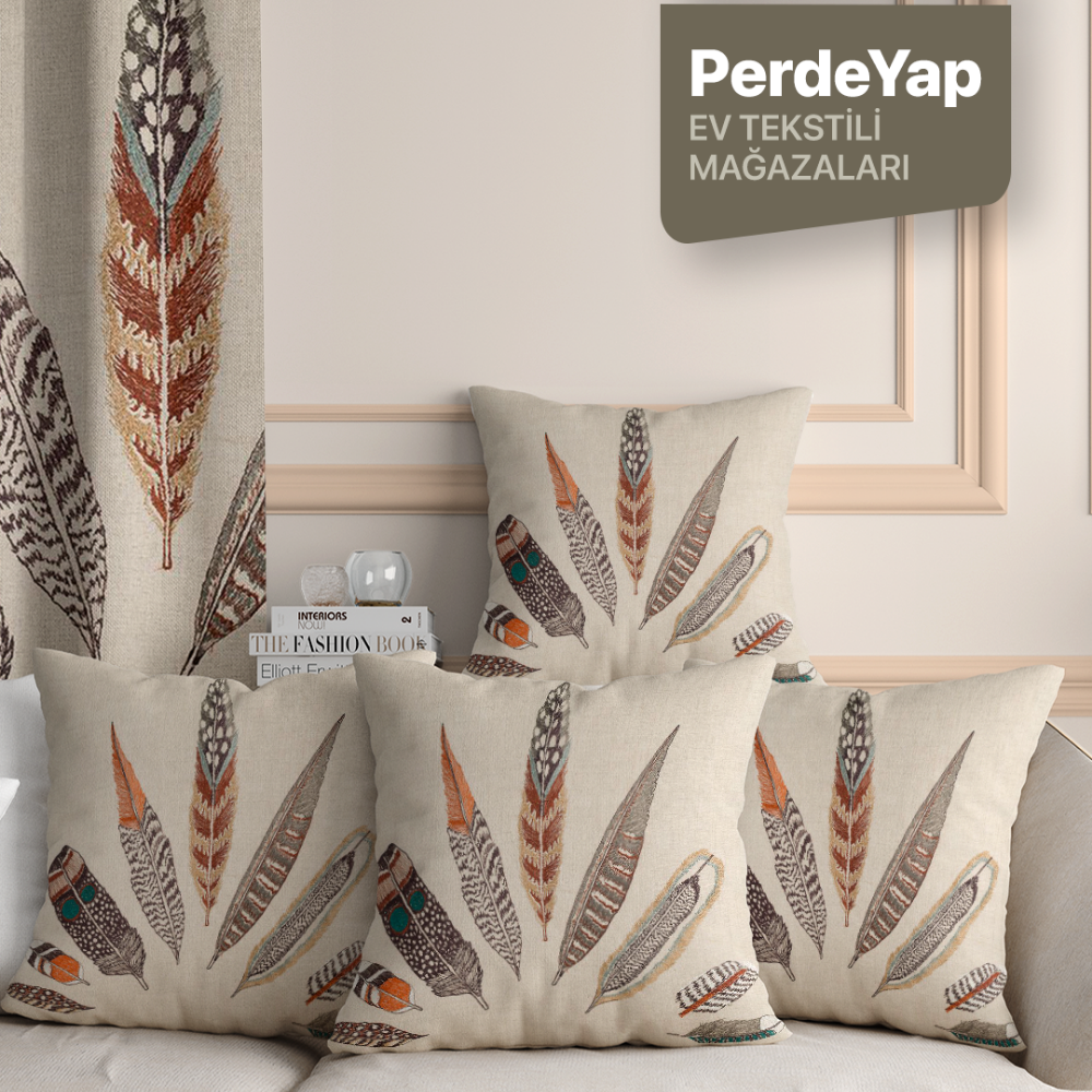 Etnik Rüya Tüyleri Desenli Dijital Baskılı 4'lü Kırlent Kılıfı - 43x43 Cm Bej 058