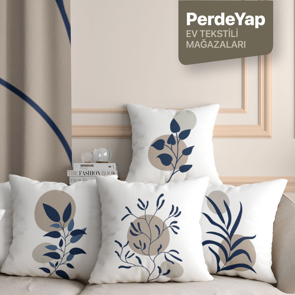 Beyaz Zemin Lacivert Kır Çiçekleri Desenli 4lü Dijital Baskılı Kırlent Yastık Kılıfı 43 x 43 Cm 056