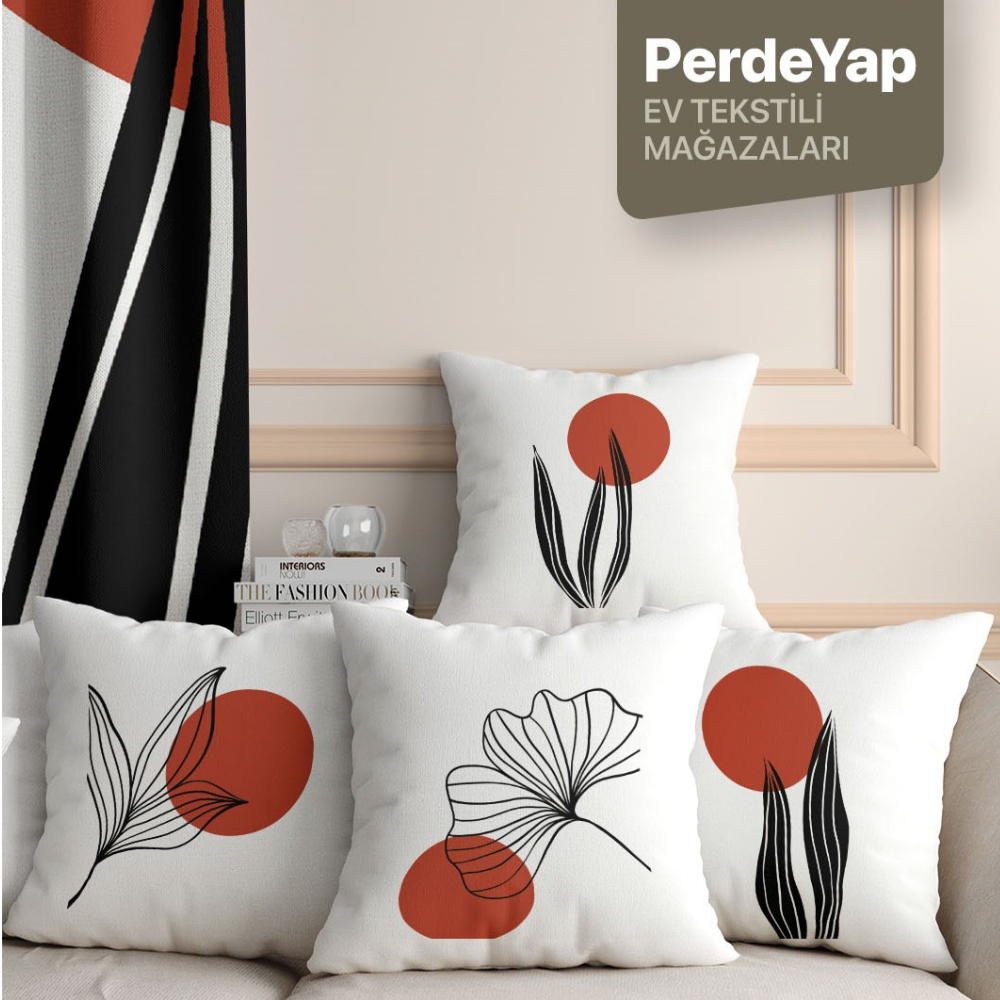 Hayali Gerçeküstü Çiçekler Desenli 4lü Dijital Baskılı Kırlent Kılıfı 43 X 43 Cm Kiremit-Krem 054