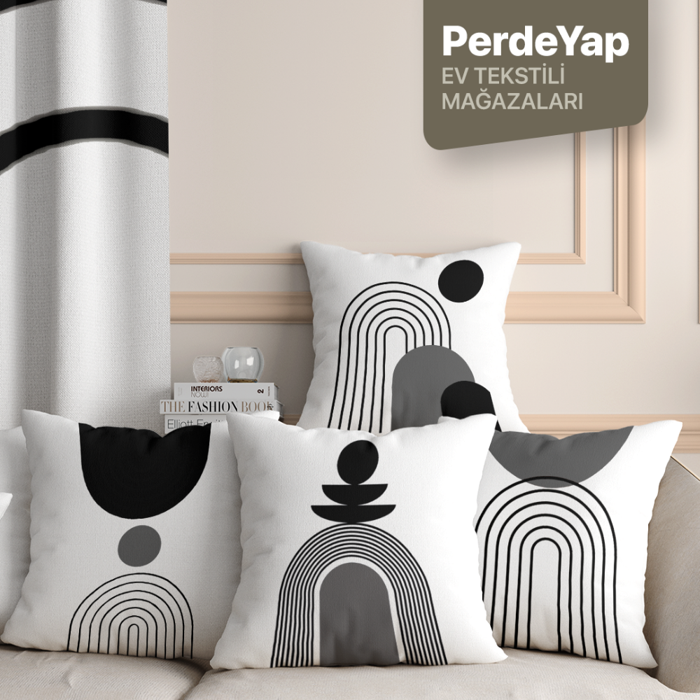 Beyaz Zemin Üzerine Geometrik Desenli 4lü Dijital Baskılı Kırlent Kılıfı 43 X 43 Cm Siyah-Gri 055