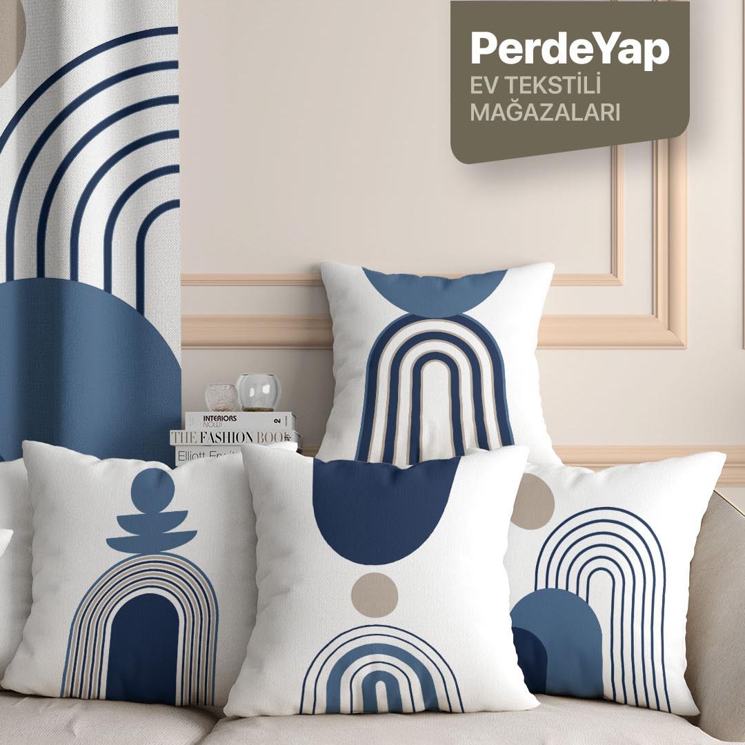 Beyaz Zemin Üzerine Lacivert Geometrik Desenli 4lü Dijital Baskılı Kırlent Kılıfı 43 X 43 Cm 070