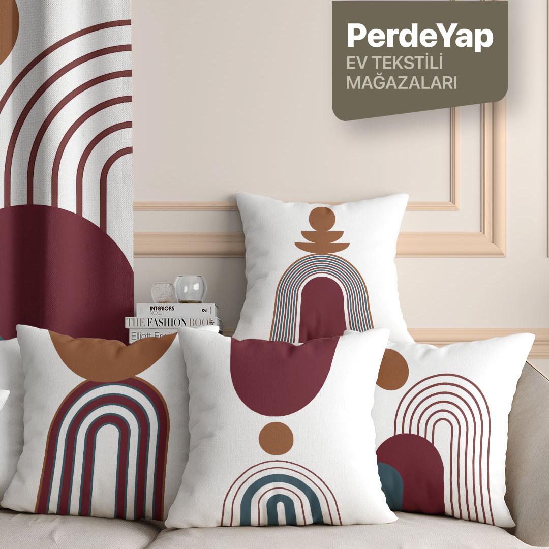 Beyaz Zemin Üzerine Kiremit Geometrik Desenli 4lü Dijital Baskılı Kırlent Kılıfı 43 X 43 Cm 071