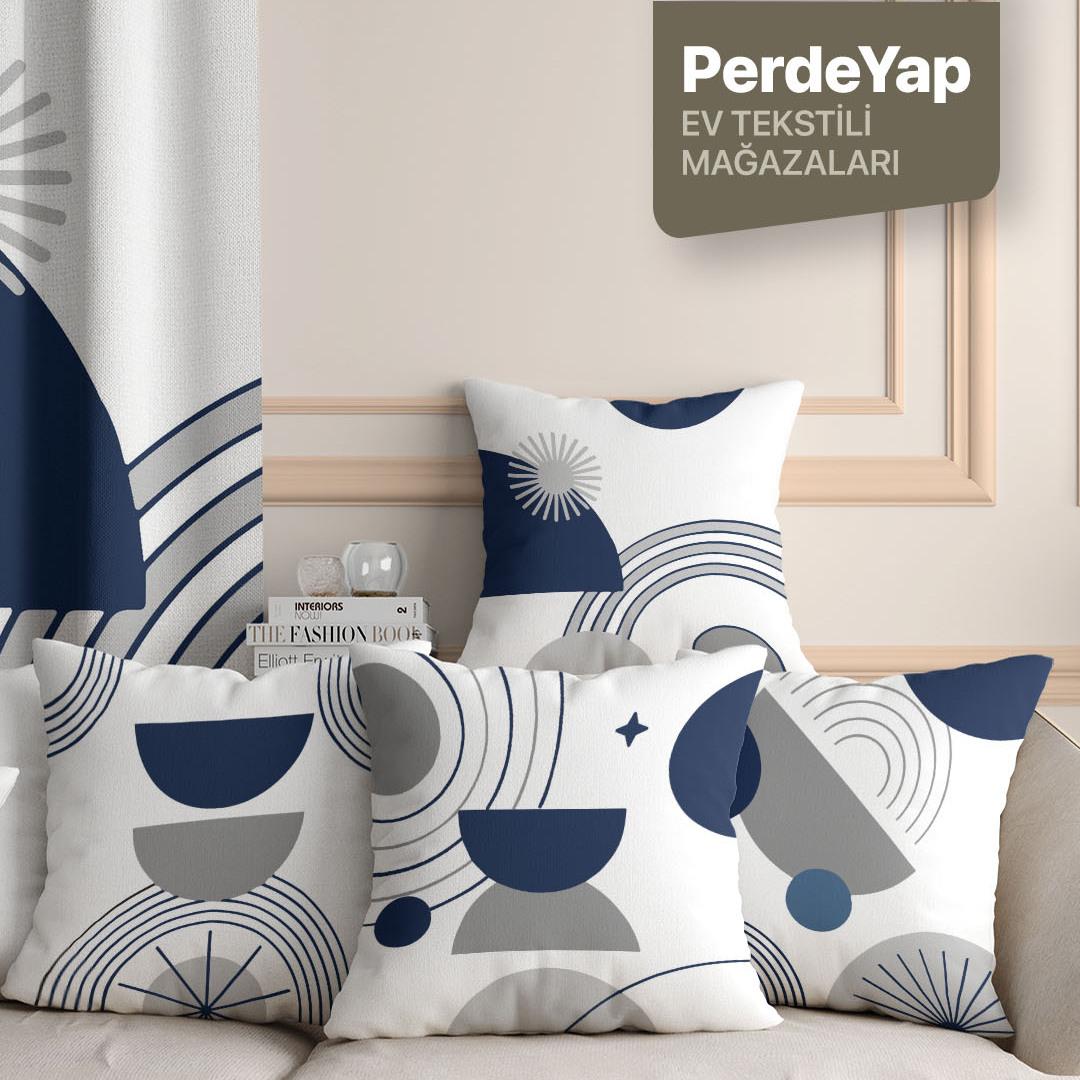 Modern Lacivert Gri Geometrik Desenli 4’lü Dijital Baskılı Kadife Kırlent Kılıfı 43x43 cm 073