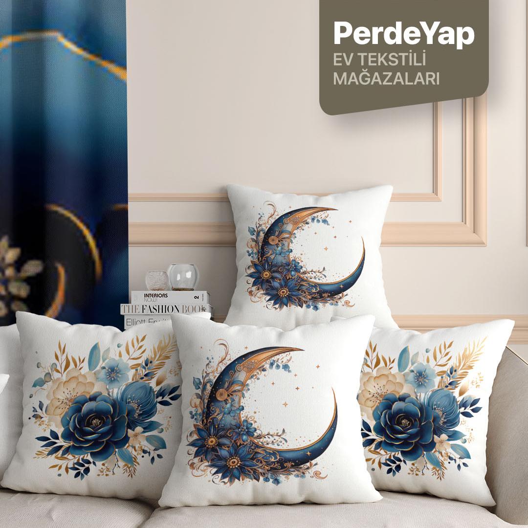 Mavi Çiçek Ve Hilal Desenli 4lü Dijital Baskılı Dekoratif Kırlent Kılıfı 43 X 43 Cm 051