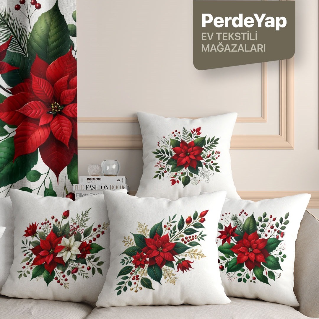 Kırmızı Güller Bahçesi Desenli 4lü Dijital Baskılı Dekoratif Kırlent Kılıfı 43 x 43 Cm 052